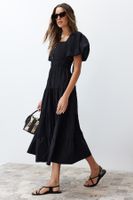 Trendyol Black Waist Opening Gipe and Back Detailed Square Collar Maxi Woven Dress