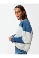 Koton Oversize Sweatshirt Color Block Crew Neck Zipper Detail Raised