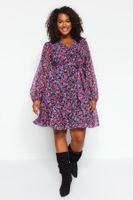 Trendyol Curve Multicolored Floral Belted V-Neck Chiffon Lined Woven Dress