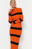 Trendyol Orange Midi Knit Striped Dress