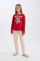 DEFACTO Girls' Pajamas Set Christmas Themed Crew Neck Long Sleeve Top Long Bottom