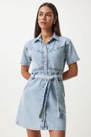 Happiness İstanbul Women's Light Blue Belted Denim Dress