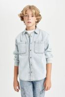 DEFACTO Boy Oversize Wide Pattern Polo Collar Pocket Jean Long Sleeve Shirt