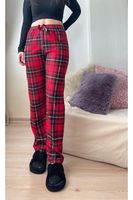 17947 Dewberry Plaid Checkered Cotton Velvet Pyjama Bottoms-RED-BLACK