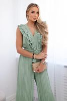 Pleated jumpsuit with dark mint ruffles