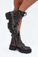 Skórzane Lakierowane Botki Damskie Z Ozdobą Ocieplane Artiker