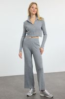 Trendyol Gray Draped Detailed Zippered Knitwear Top-Bottom Set