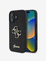 Guess PU Fixed Glitter 4G Metal Logo Zadní Kryt pro iPhone 16 Black Etui za telefon ljubičasta