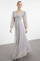 Trendyol Mink A-Cut Tulle Woven Long Elegant Evening Dress