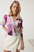 Happiness İstanbul Women's Pink Bone Patterned Satin Surface Shirt