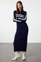 Trendyol Navy Blue Color Block Corded Knitwear Dress