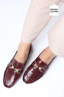 Mio Gusto Jordane Genuine Leather Claret Red Color Animal Patterned Flat Toe Women's Loafer Shoes