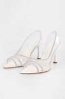 Shoeberry Women's Antoi White Transparent Webbing Stone Heeled Shoes