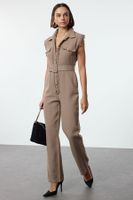 Trendyol Beige Belted Shirt Collar Button Detailed Tweed Woven Overalls