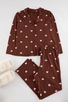 Trendyol Curve Brown Heart Shirt Collar Knitted Pajama Set