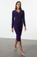 Trendyol Purple Double Breasted Collar Long Sleeve Gather Detailed Fitted Midi Knitted Dress