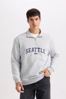 DEFACTO Relax Fit Zippered Stand Collar Printed Thick Sweatshirt