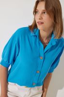 Happiness İstanbul Women's Blue Balloon Sleeve Linen Ayrobin Shirt