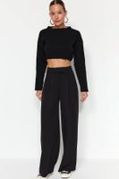 Trendyol Black Hook and Loop Closure High Waist Pleated Wide Leg/Wide Cut Knitted Trousers