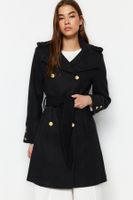 Trendyol Black Belted Gold Button Detailed Soft Textured Cashmere Coat