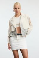 Trendyol Beige Stripe Detailed Pocket Crop Woven Jacket