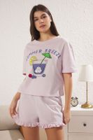 Trendyol Lilac 100% Cotton Summer Themed Ruffle Knitted Pajama Set