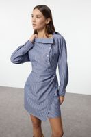 Trendyol Blue Belted Striped Asymmetric Collar Mini Woven Shirt Dress