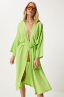 Happiness İstanbul Women's Pistachio Green Belted Crinkle Viscose Kimono