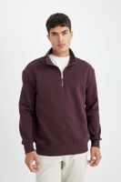 DEFACTO Dark Burgundy Comfort Regular Fit Casual Pattern Stand Collar Zippered Thick Basic Plain Sweatshirt