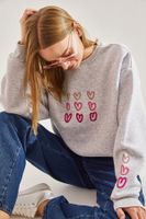 Bianco Lucci Women's Three Thread Raised Heart Printed Sweatshirt