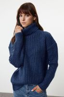 Trendyol Indigo Wide Fit Soft Textured Basic Knitwear Sweater