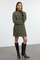 Trendyol Khaki Belted Pleated Mini Woven Dress with Opening Waist Skirt