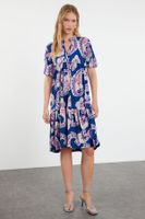 Trendyol Blue Printed V Neck Skirt Ruffle Balloon Sleeve Knitted Flexible Midi Dress