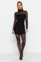 Trendyol Black Fitted Lined High Collar Knitted Tulle Short Elegant Evening Dress