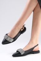 Mio Gusto Aisha Women's Flat Shoes From Genuine Leather Black Color With Shirring Stone Band Flat Shoes.