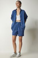 Happiness İstanbul Women's Blue Striped Satin Surface Shirt Shorts Set