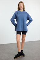 Trendyol Indigo*001 Oversize/Wide Pattern Washed Slit Detailed Polar Fleece Knitted Sweatshirt