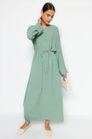 Trendyol Mint Waist Gathered Wide Cuff and Turn Up Hem Detail Aerobin Woven Dress