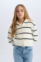 DEFACTO Girl's Striped Zippered Knitwear Cardigan