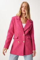 Happiness İstanbul Women's Dark Pink Buttoned Blazer Tweed Jacket