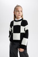 DEFACTO Girls Crew Neck Crop Plaid Knitwear Sweater