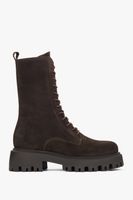 Estro: Ciemnobrązowe wysokie workery damskie z włoskiego weluru naturalnego Premium