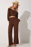 Happiness İstanbul Women's Brown Carmen Collar Crop Blouse, Pants Linen Suit