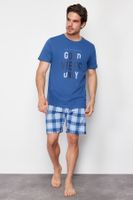 Trendyol Indigo Plaid Regular Fit Knitted Pajama Set with Shorts