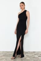 Trendyol Black Body-Sitting Single Sleeve Knitted Long Evening Gowns Dress