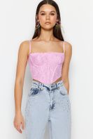 Trendyol Pink Crop Lined Corset Detailed Knitted Lace Bustier