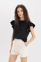 DEFACTO 100% Cotton Regular Cut Crew Neck Ruffle Detail Short Sleeve T-Shirt