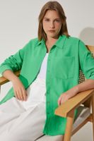 Happiness İstanbul Women's Green Oversize Linen Ayrobin Shirt