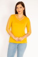 Şans Women's Plus Size Mustard Viscose Blouse With Tulle Detail