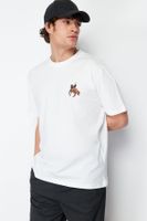 Trendyol Ecru Oversize/Wide Cut Horse/Animal Embroidered Short Sleeve 100% T-Shirt